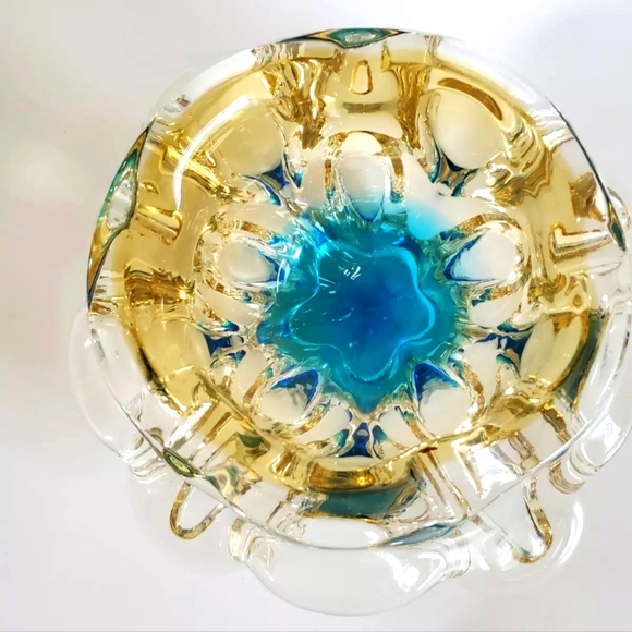 Vintage Murano glass bowl ashtray dish Vibrant Aqua blue center unique d… - Picture 4 of 9